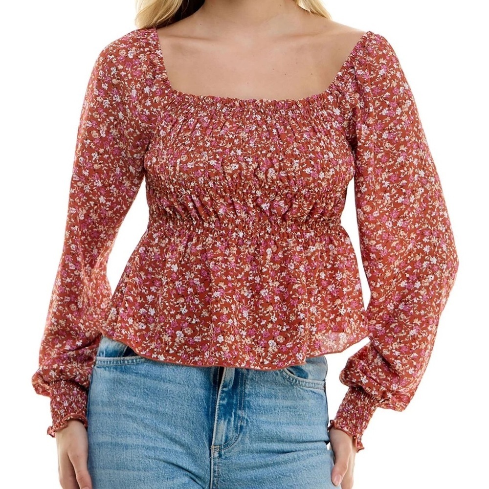 Ultra Flirt Floral Smocked Top in Red